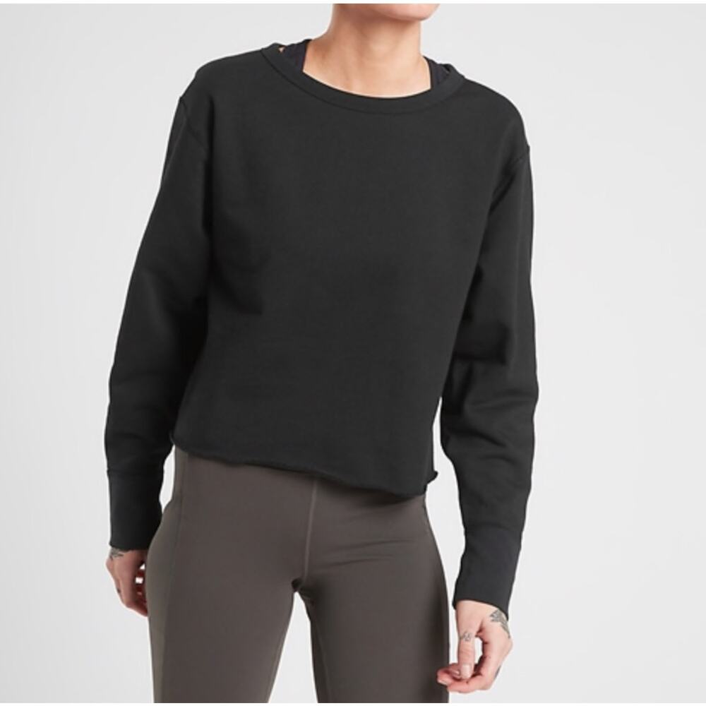 Athleta Black 100% Cotton Cropped Crew Neck Sweatshirt Size S